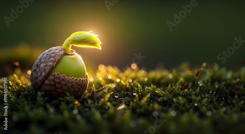 Sprouting acorn on green moss at sunrise, new life and growth concept, oak seed germinating in forest floor, cinematic macro photography