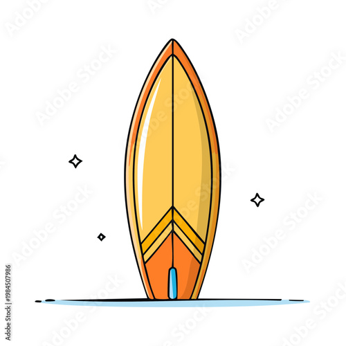 Bright orange and yellow surfboard standing upright on a blue surface with small sparkles