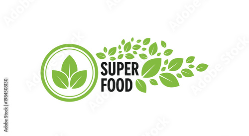 Super food health concept illustration featuring green leaves in a circle and a flowing trail of organic foliage.