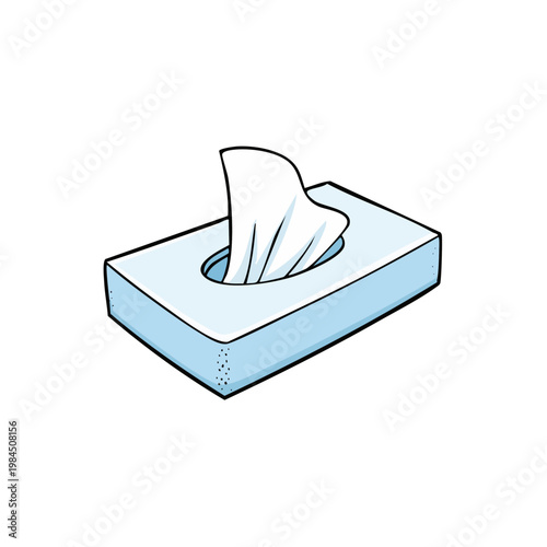 A simple cartoon illustration of a light blue tissue box with a white tissue pulled out
