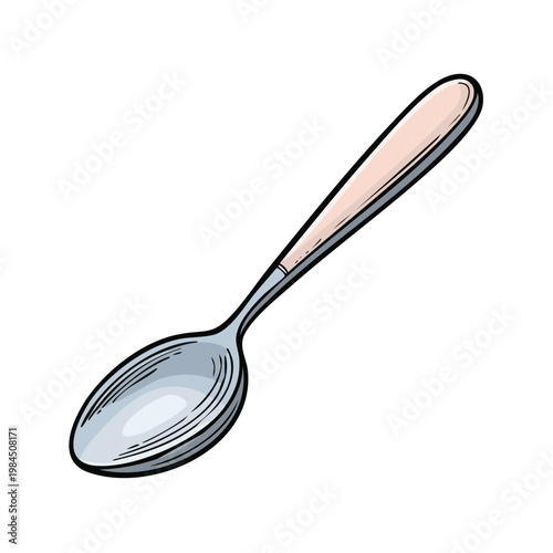 Hand drawn illustration of a silver spoon with a light pink handle