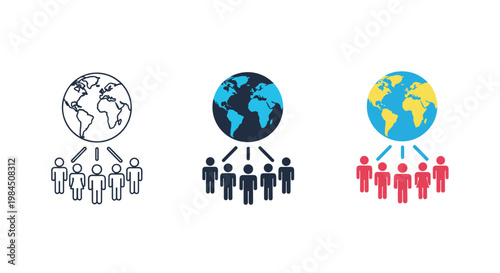 Global community icons set showing a group of diverse people standing together under a world globe in various styles.
