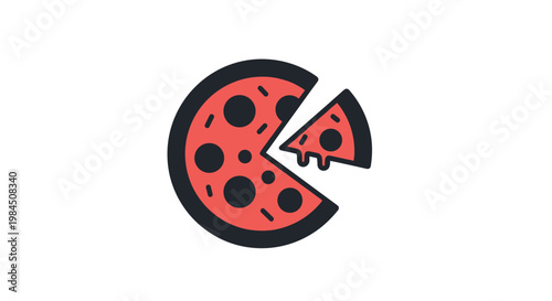 Simple flat vector icon of a pepperoni pizza with one slice slightly pulled out for food and delivery concepts.