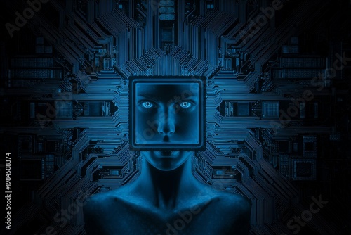 Envisioning tomorrow: the ai-powered glimpse into future technology. Cinematic poster. Future tech vision: subtle hue changes in ai's glowing, intelligent eye. Thriller poster.