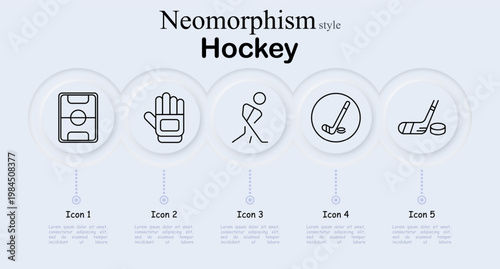 Hockey equipment set icon. Ice rink field layout, protective goalie glove, skating player, puck strike symbol, stick with puck gear, winter sport activity.