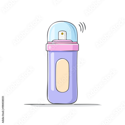 Hand-drawn cartoon bottle with spray nozzle and protective cap, illustration of a container with dispensing mechanism