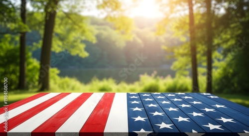 An american flag displayed on a wooden picnic table in a sun drenched forest setting