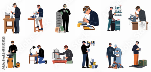 Flat Vector Illustration Set of Skilled Artisans and Craftsmen Creating Traditional Pewter Tankards and Engraved Metalware in a Workshop Environment.