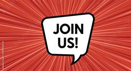Join us recruitment text in a white comic speech bubble on a vibrant red sunburst background for job hiring.
