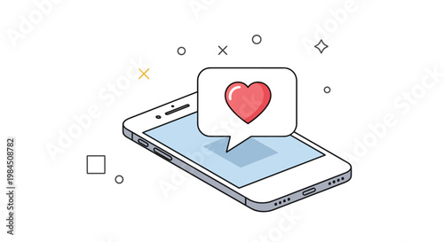 Isometric smartphone illustration with a heart notification bubble for social media interaction and dating concepts.