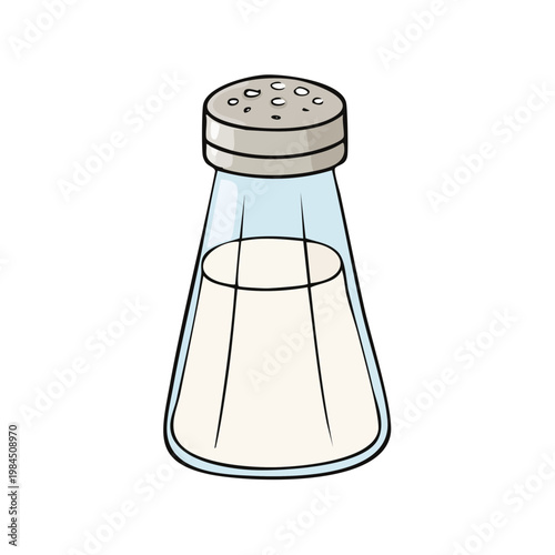 Glass salt shaker with metal lid containing white granular seasoning illustration