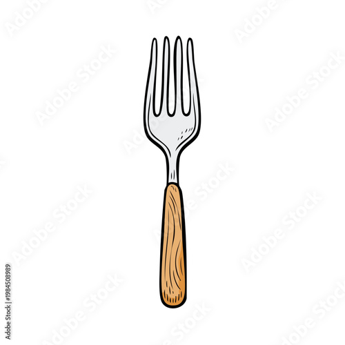 Hand drawn illustration of a metal fork with a wooden handle isolated on white