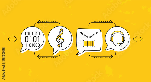 Workflow illustration showing music symbols, digital binary code, and recording equipment icons in speech bubbles on a yellow background.