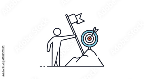 Illustration showing a person standing on a mountain peak holding a flag next to a target representing success and goal achievement.