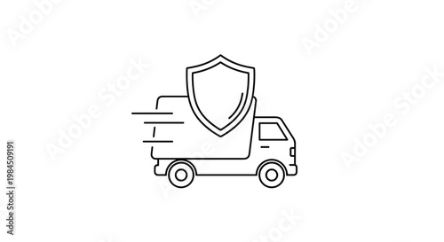 Line art icon representing secure delivery or protected shipping services with a moving truck and a large safety shield symbol.