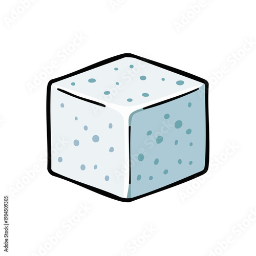 Stylized sugar cube illustration with blue speckles and bold outline