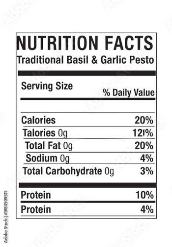 nutrition facts label for traditional pesto cut out isolated illustration on transparent background layout