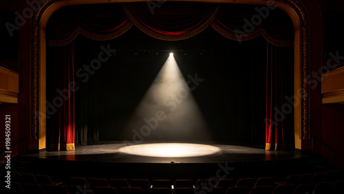 mortification. Theater curtain rises on an empty stage under a single dramatic spotlight. event programs, museum guides, designed for cultural heritage projects and event programs.