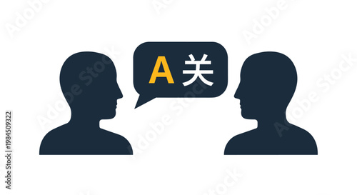 Icon depicting two people communicating with a speech bubble showing different language symbols for translation or interpretation services.