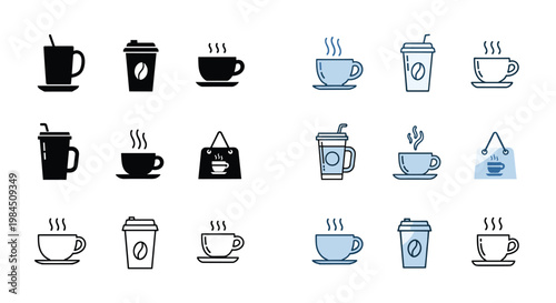 Extensive collection of coffee cup icons including paper cups, mugs, and takeout bags in black, blue, and white styles.