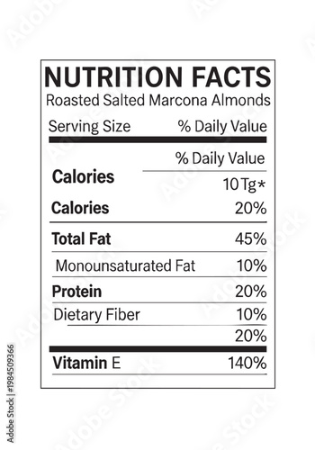 Nutrition facts label for roasted almonds cut out isolated illustration on transparent background layout