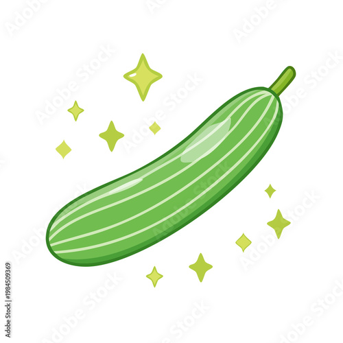 Fresh green cucumber with sparkling highlights cartoon illustration