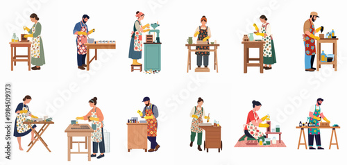 Flat vector illustrations of diverse artisans making handmade natural soaps and organic skincare products in a workshop setting on a white background.