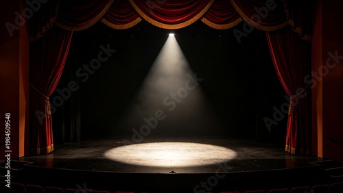 mortification. Theater curtain rises on an empty stage under a single dramatic spotlight. event programs, museum guides, designed for cultural heritage projects and event programs.