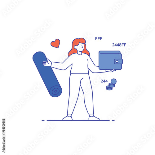 Woman holding wallet and snowboard with hearts and numbers.
