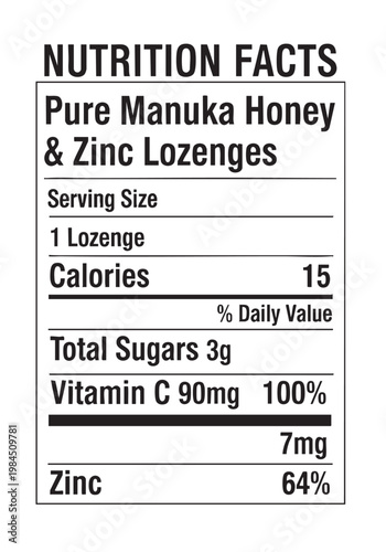 Nutrition facts label for honey lozenges cut out isolated illustration on transparent background layout