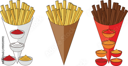 Set of French Fries in Cones with Various Sauces for Fast Food, Snack, and Culinary Themes