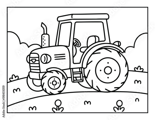 Farm tractor driving on grassy field in countryside landscape coloring page illustration for kids