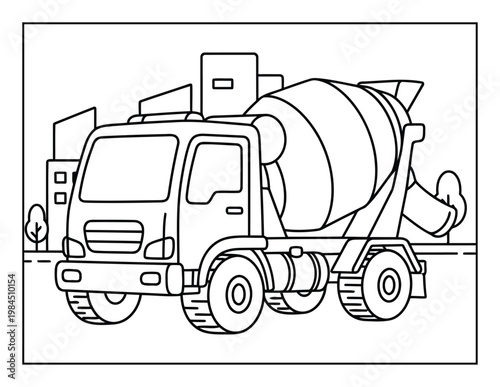 Cement mixer truck construction vehicle with rotating drum on city road coloring page illustration for kids