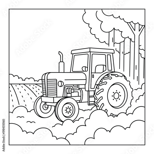 Farm tractor driving through field near trees in countryside landscape coloring page illustration for kids