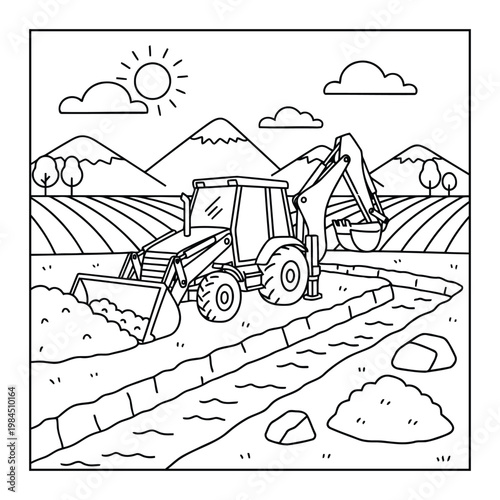 Backhoe loader digging beside river in rural landscape with mountains coloring page illustration for kids