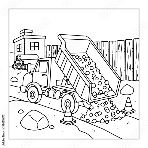 Dump truck unloading gravel at construction site with traffic cones coloring page illustration for kids