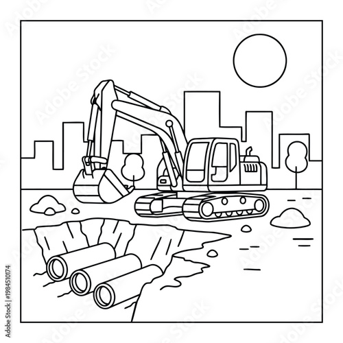 Excavator digging trench for underground pipes in city construction site coloring page illustration for kids