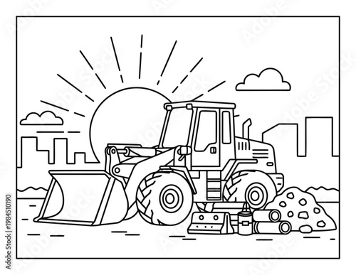  Wheel loader construction vehicle working at city site with sunrise background coloring page illustration for kids