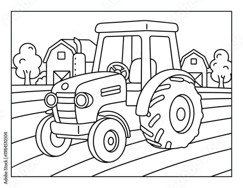 Tractor farming vehicle working on field near barns countryside coloring page illustration