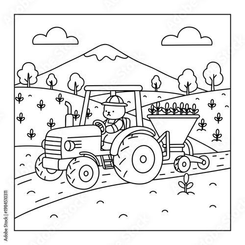 Tractor farming scene with cute farmer planting crops in field coloring page illustration