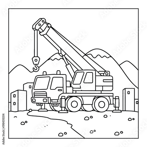  Mobile crane truck construction vehicle lifting hook at work site coloring page illustration for kids