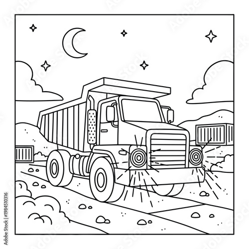  Dump truck driving at night with headlights on road construction coloring page illustration