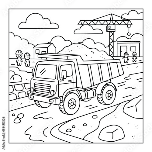  Dump truck carrying soil at construction site with crane workers coloring page illustration
