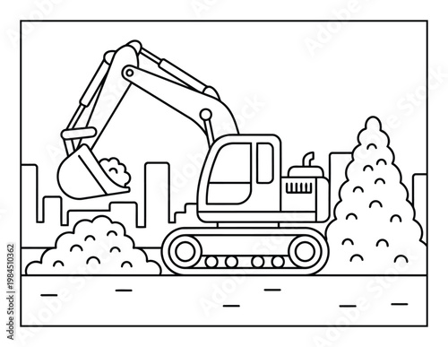Excavator digging soil at construction site with city background coloring page illustration