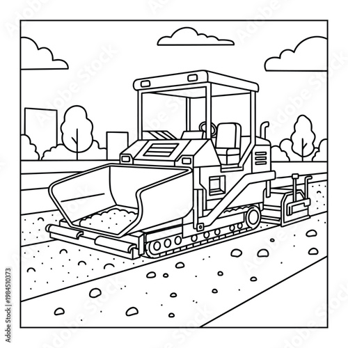 Bulldozer pushing soil on construction road with city background coloring page illustration