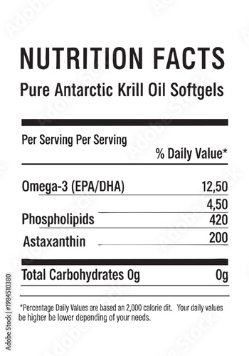 Nutrition facts label for krill oil softgels cut out isolated illustration on transparent background layout