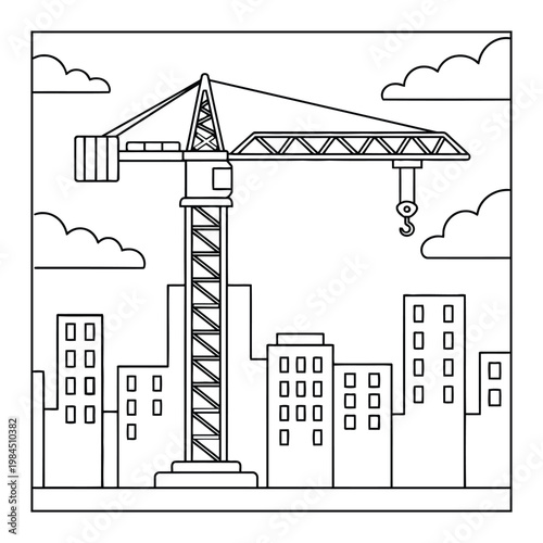 Tower crane lifting hook over city buildings skyline coloring page illustration
