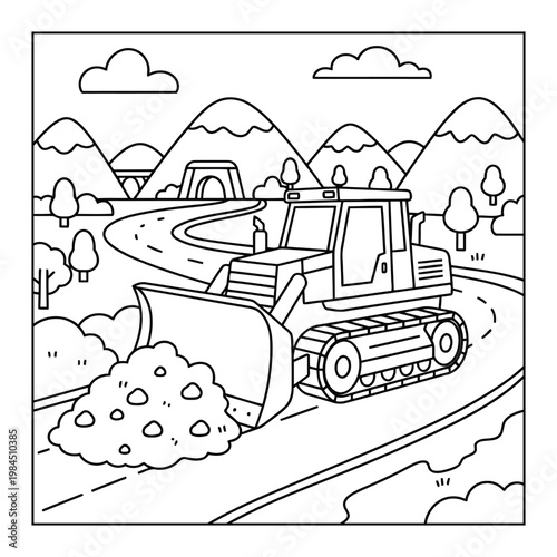  Bulldozer pushing soil along winding road in mountain landscape coloring page illustration