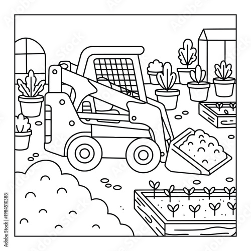 Skid steer loader moving soil in garden with plants and greenhouse coloring page illustration