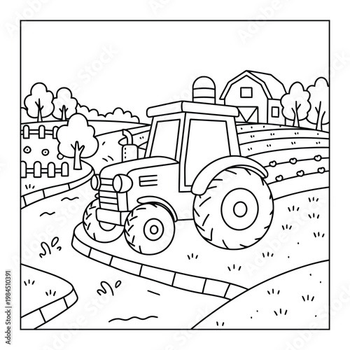 Tractor driving on curved farm road near barn and fields coloring page illustration